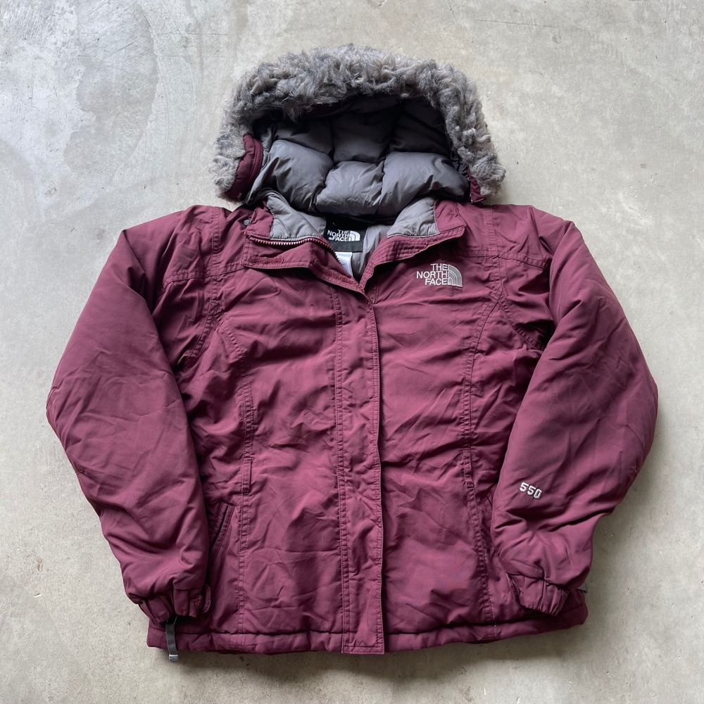 The North Face 550 Down Puffer Jacket Burgundy Faux Fur Hood Womens Small